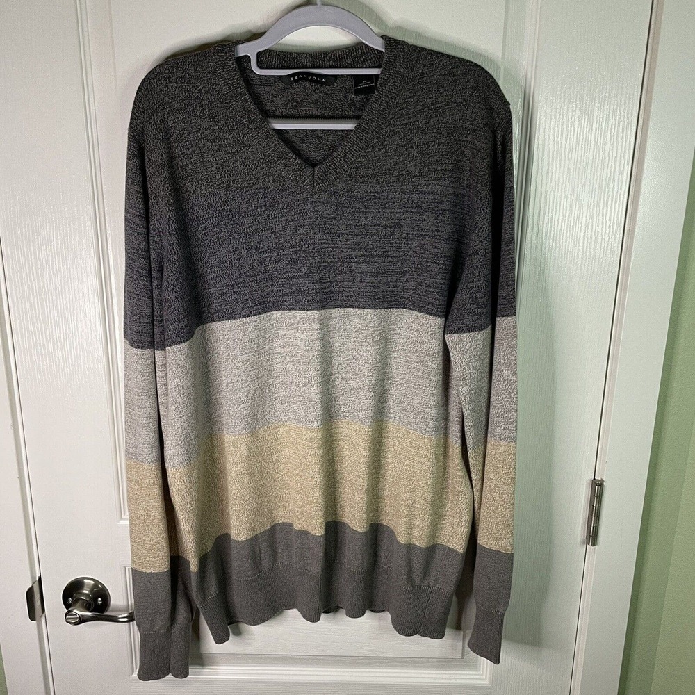 SEAN JOHN Men's XL v-neck color block Brown knit 100% cotton long-sleeve sweater